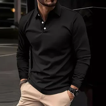 2024 autunno Polo da uomo colletto rovesciato solido manica lunga Smart Casual Polo moda uomo traspirante allentato Tees top uomo