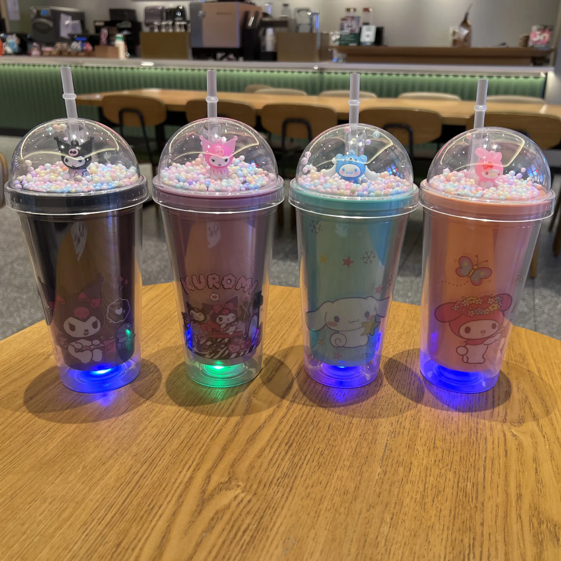 

Sanrio Luminous Water Cup Cinnamoroll Melody Kuromi Pochacco Pompompurin Double-layer Plastic Cup Portable Sports Mug Cups Gifts
