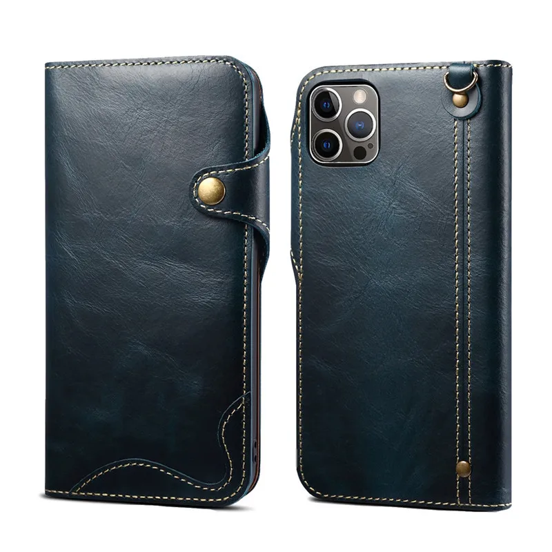 Elegant Genuine Leather Wallet Phone Case with Hand Strap