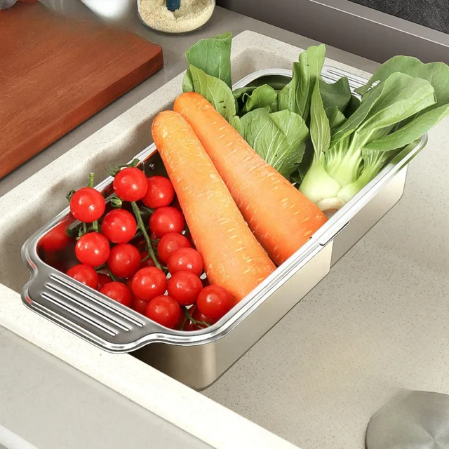 ตะกร้ากรองเศษอาหารในอ่างล้างจานแบบแขวน พร้อมที่วางสบู่และฟองน้ำ สแตนเลส แบบยืดหดได้ 1