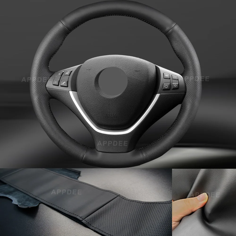 APPDEE BMW X6 E71 2008-2014 E70 X5 2008-2013 용 핸드 스티치 블랙  가죽 핸들 커버