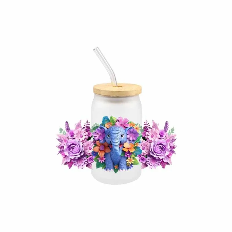 Elephant 3D UV DTF Cartoon Transfer Sticker Wraps Cup Libbey Glass Cup Decals Waterproof UV DTF Sticker