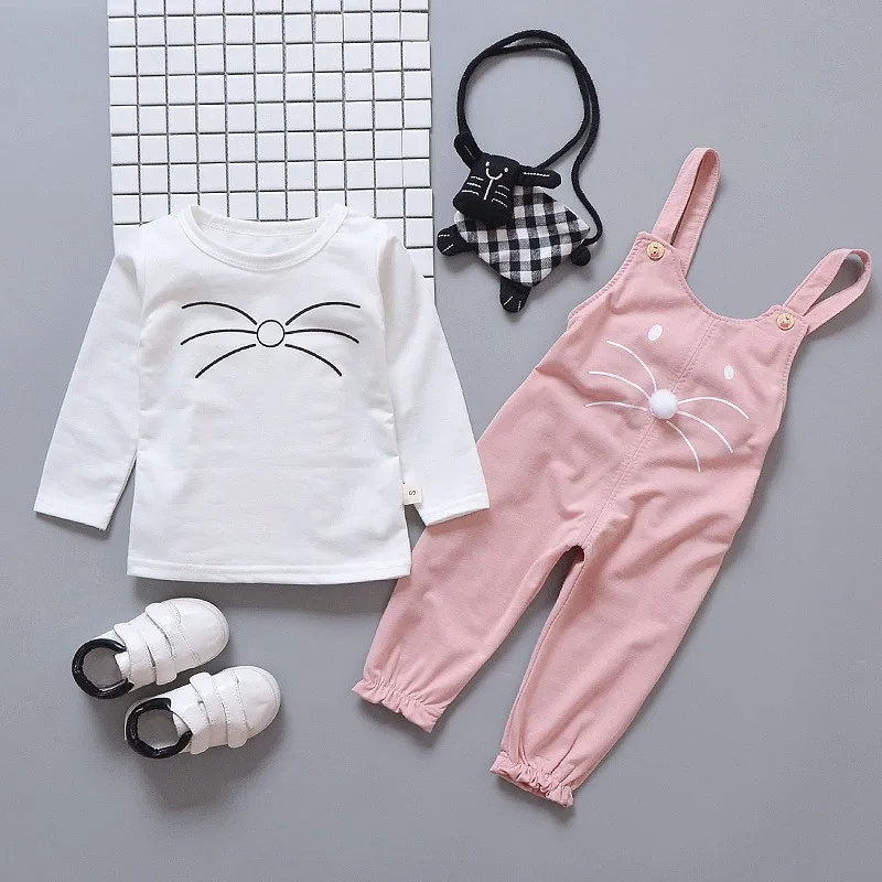 Spring Autumn Baby Girls Set  Round Neck Cartoon Printing Long Sleeve T-shirt + Solid Color Print Strap Pants Two Piece Suit