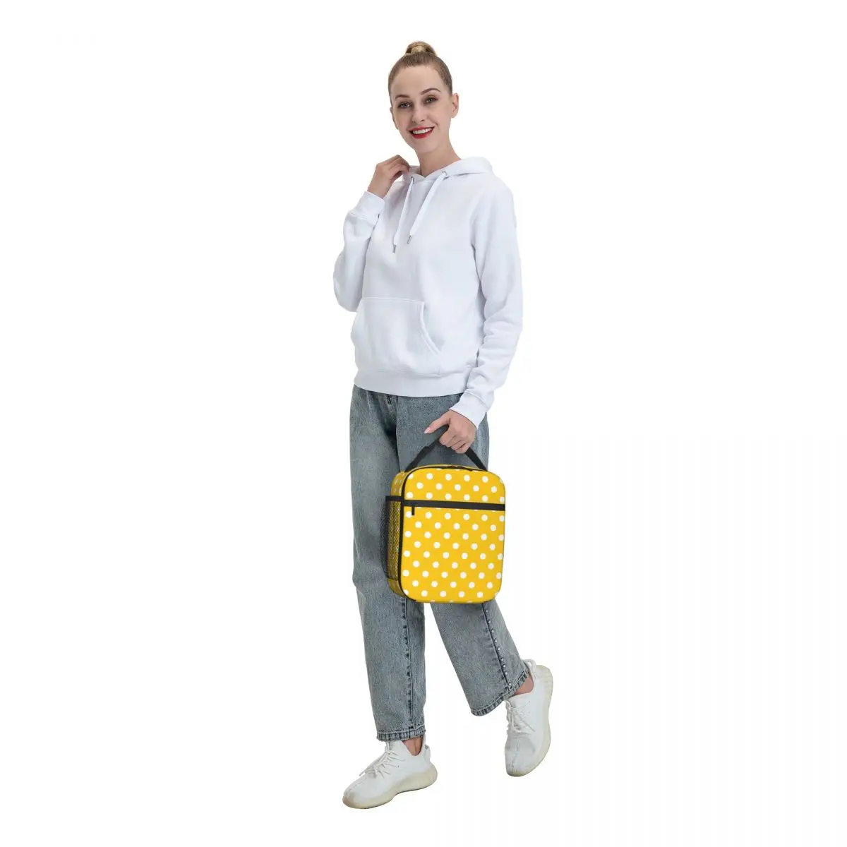 Yellow White Polka Dot Thermal Insulated Lunch Bags Resuable Lunch Container for Kids School Children Multifunction Food Box