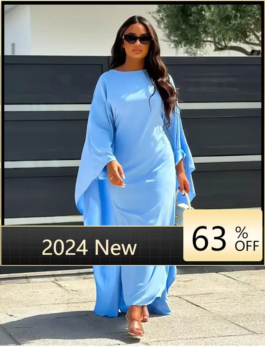 

Autumn Fashion Solid Color Party Dress Muslim Women Round Neck High Waist Large Swing Long Dress Elegant Dress