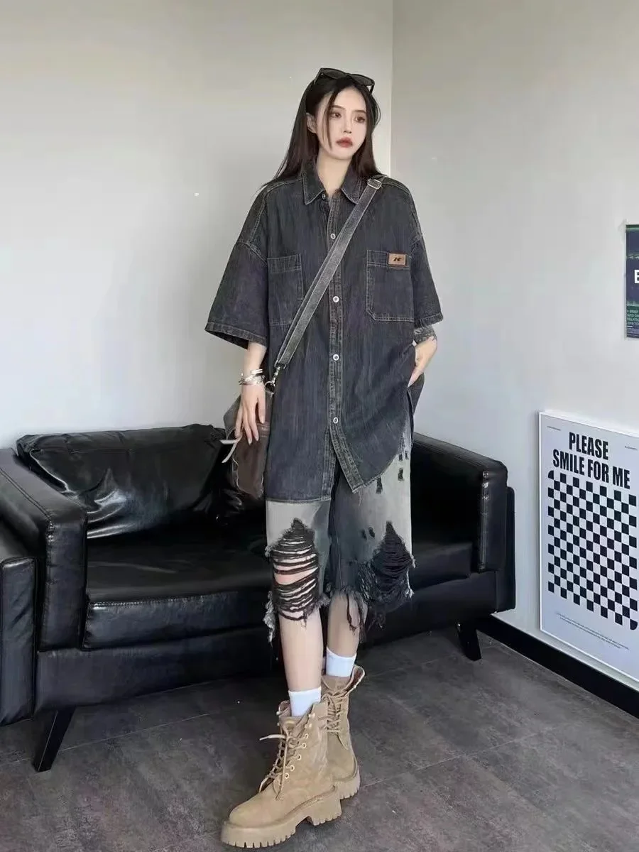 American High Street Washed Gradient Women Ripped Retro Old Size Denim Loose Shorts Baggy Jeans Women