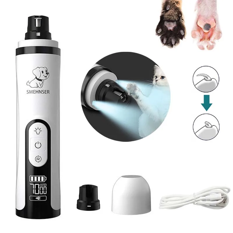Electric Pet Nail Grinder With Led Light Cat Dogs Nail Clippers Usb