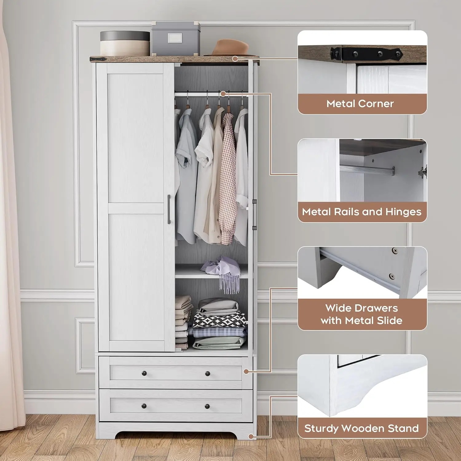 Wardrobe Closet with 2 Modern Doors, 71" Tall Freestanding Closet Wardrobe Cabinet with Drawers and Hanging Rail,