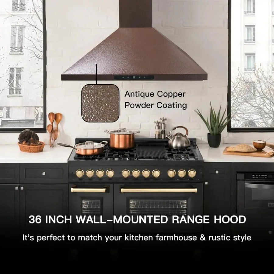 36 in. Range Hood Wall Mount Ducted Ductless Convertible Copper Vent Hood with 4Speed Exhaust Fan LED Lights 610 CFM HighPerfor