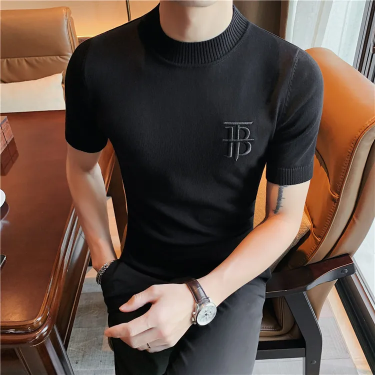 Luxury Men Summer Knitted T-shirt High Quality Slim Fit O-neck Tops Jacquard Tees Brand Clothing Social Club Pullovers T-Shirt