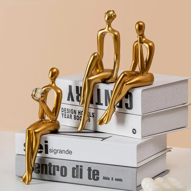 

Золотая абстрактная книжная полка, фигурки, сидящие фигурки, статуя из смолы, вырез, искусство, вырез из смолы, искусство, экшн-фигурки
