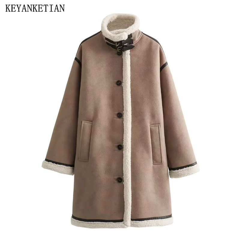 

KEYANKETIAN Winter New Women's Artificial Double Faced Fur Padded Thick Warm Suede Coat Fashion Long Casaco Feminino Outerwear