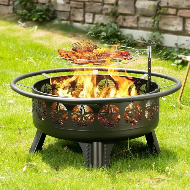 Outdoor 38 Wood Burning Fire Pit with Grill, Spark Screen, and Fire Poker, Swivel C Table for Backyard Entertainment 2