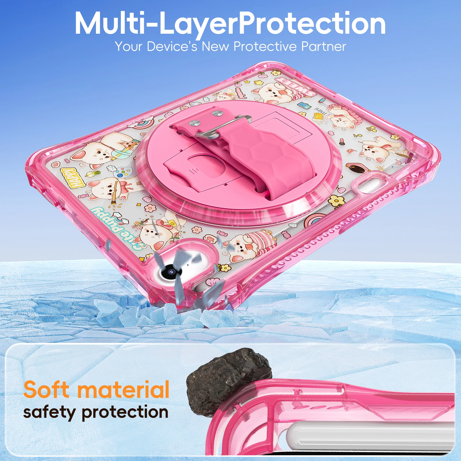 Shockproof Transparent Cartoon Tablet Case with Back Strap and Hand Stand