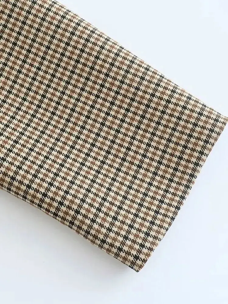 TRAF Women Fashion Double Breasted Plaid Blazer Coat Vintage Long Sleeve Flap Pockets Female Outerwear Chic Vestes Femme 6