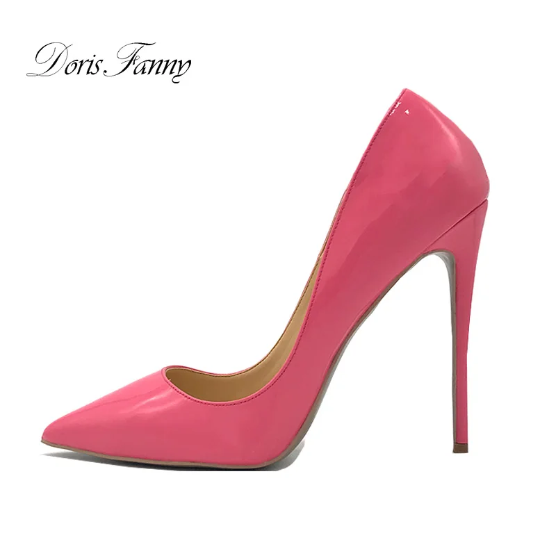 

Doris Fanny Patent Leather Classic Designer Pencil Thin High Heels Pointy Toe Blue Pink Nude Women's Pumps Shoes for Party
