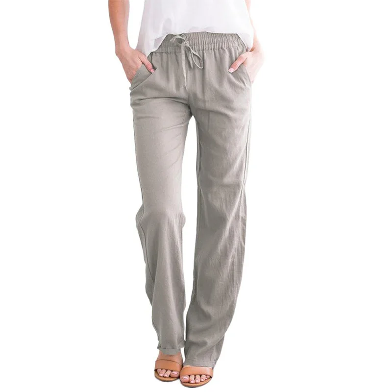 Spring and summer new solid color cotton and linen drawstring loose casual wide leg pants