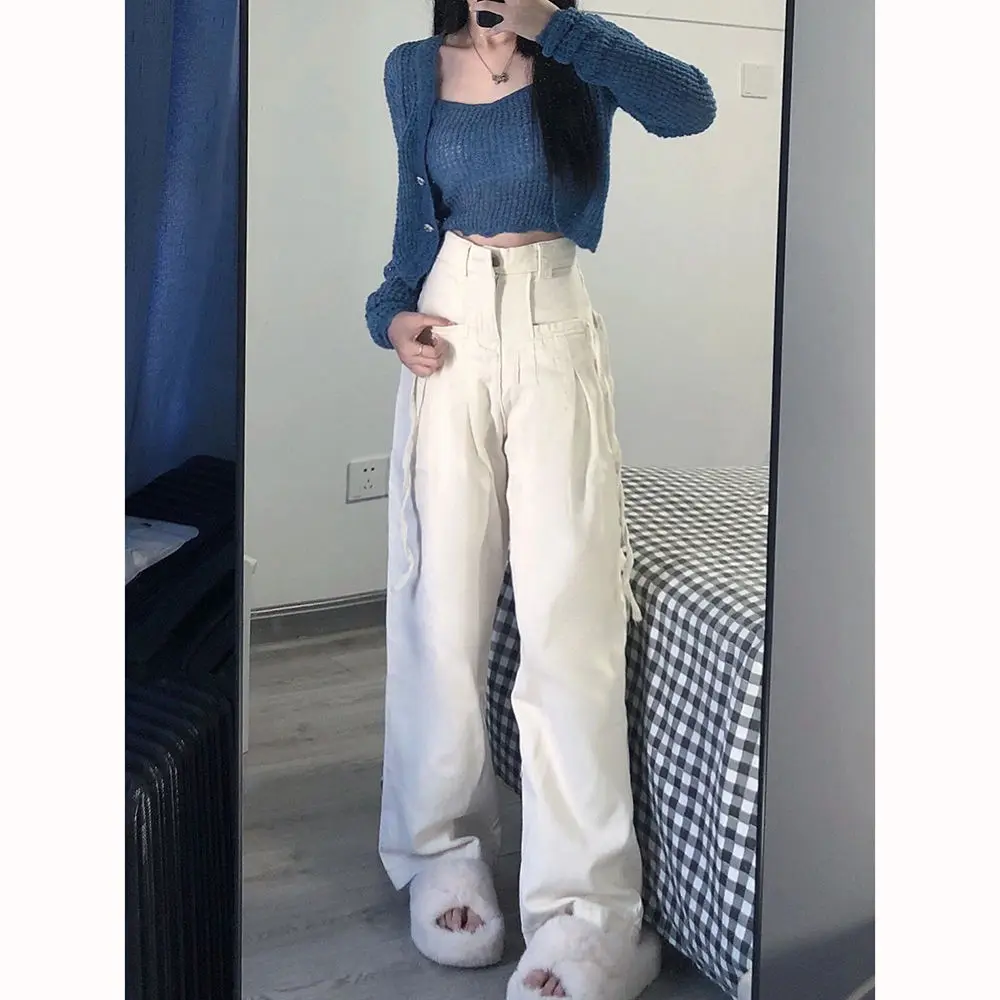 

New Casual Fashion High-quality Large-size Strap Design Niche Jeans Women's Casual Loose High-waist Slim Jeans Ins Trend