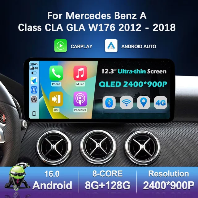 Autoradio multimédia GPS Android 16 pour Mercedes Benz Classe A CLA GLA W176 2012 - 2018, écran tactile QLED, 4G BT 1