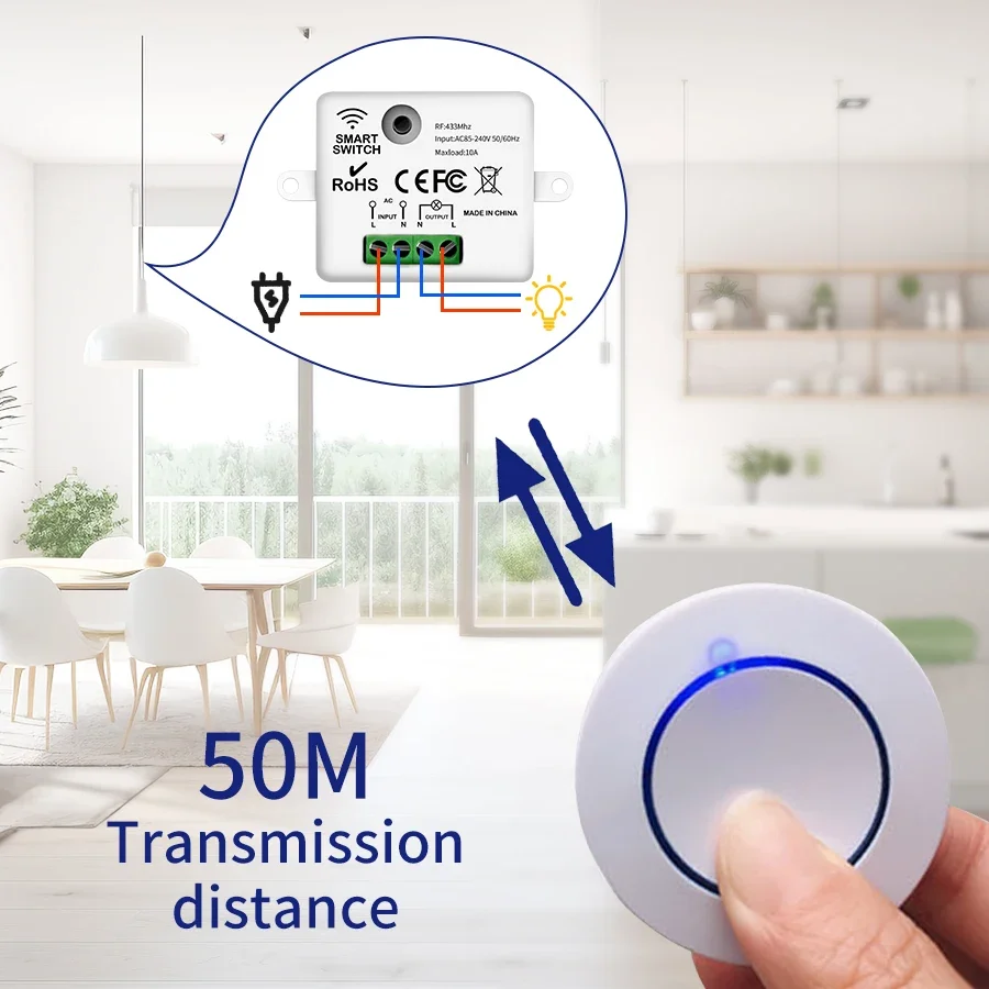 Wireless Light Switch 433MHz 220V 110V 10A Relay Receiver Mini Round Button Wall Panel for LED Lamp