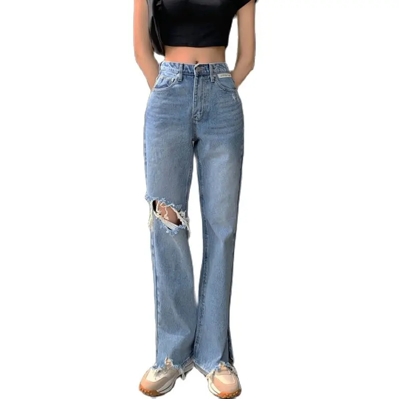 Winter Fall Girls Denim Pants Loose Design Hole at Knee High Waist Cotton Splits at Hem Korean Fashion Women Jeans