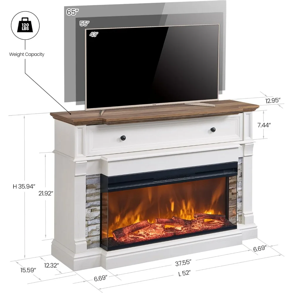 52" Electric Fireplace with Mantel, Freestanding Fireplace Heater TV Stand with 36" 3-Side Glass Insert for TVs 5