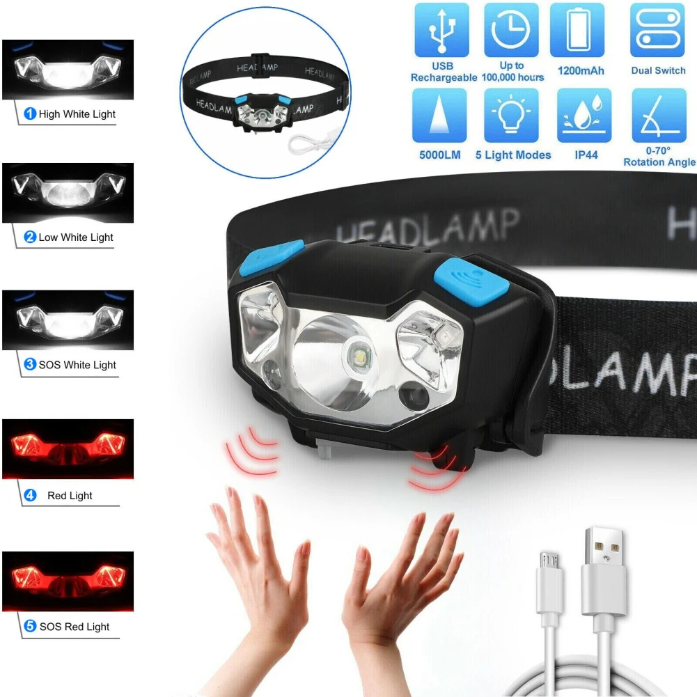 

Headlamp 5000LM Rechargeable Head Lights Ultra Bright LED Head Lamp Flashlight For Camping Cycling Running Fishing