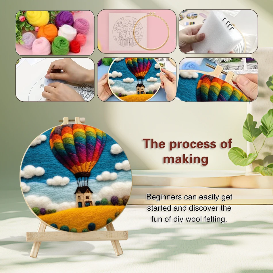 DIY Wool Felting Painting Kit With Frame Handmade Needle Wool Painting Hot Air Balloon For Home Decors Crafts Gift