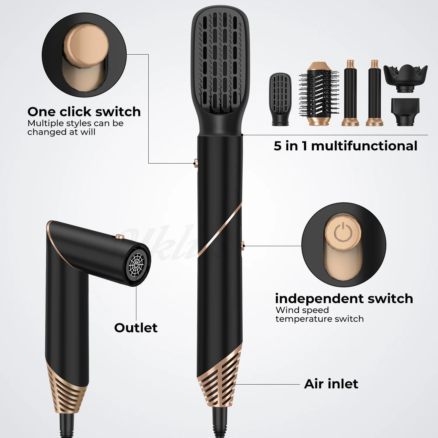 مجفف شعر قابل للطي مع موزع ، فرشاة هواء ساخن ، مجف...