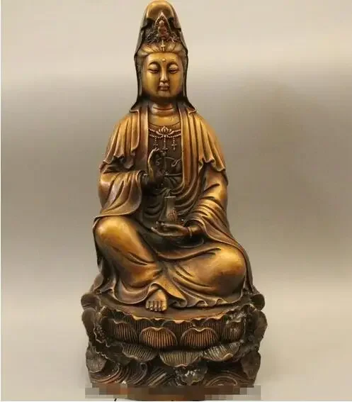 

14" Chinese Tibet Buddhism Seat Lotus Kwan-yin Guan Yin Statue Sculpture