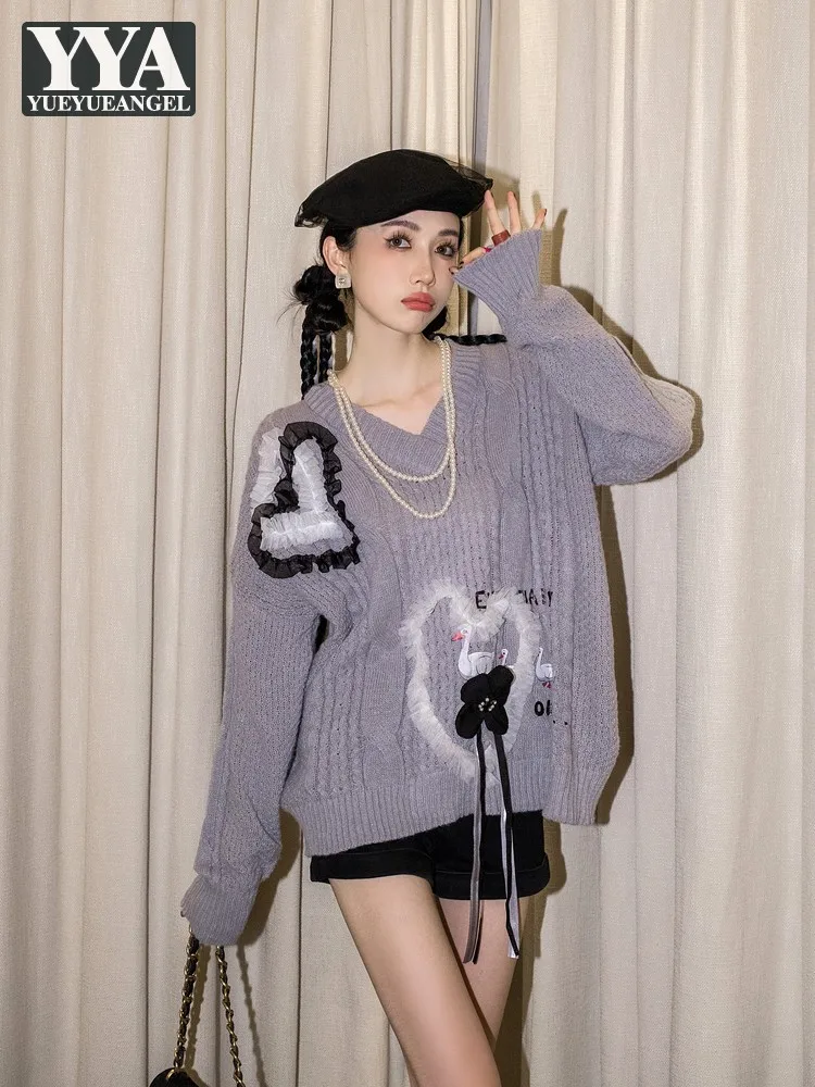 

Harajuku Women V Neck Sweet Gauze Heart Patchwork Sweater Pullover High Street Loose Fit Oversized Autumn Knitted Jumpers Tops