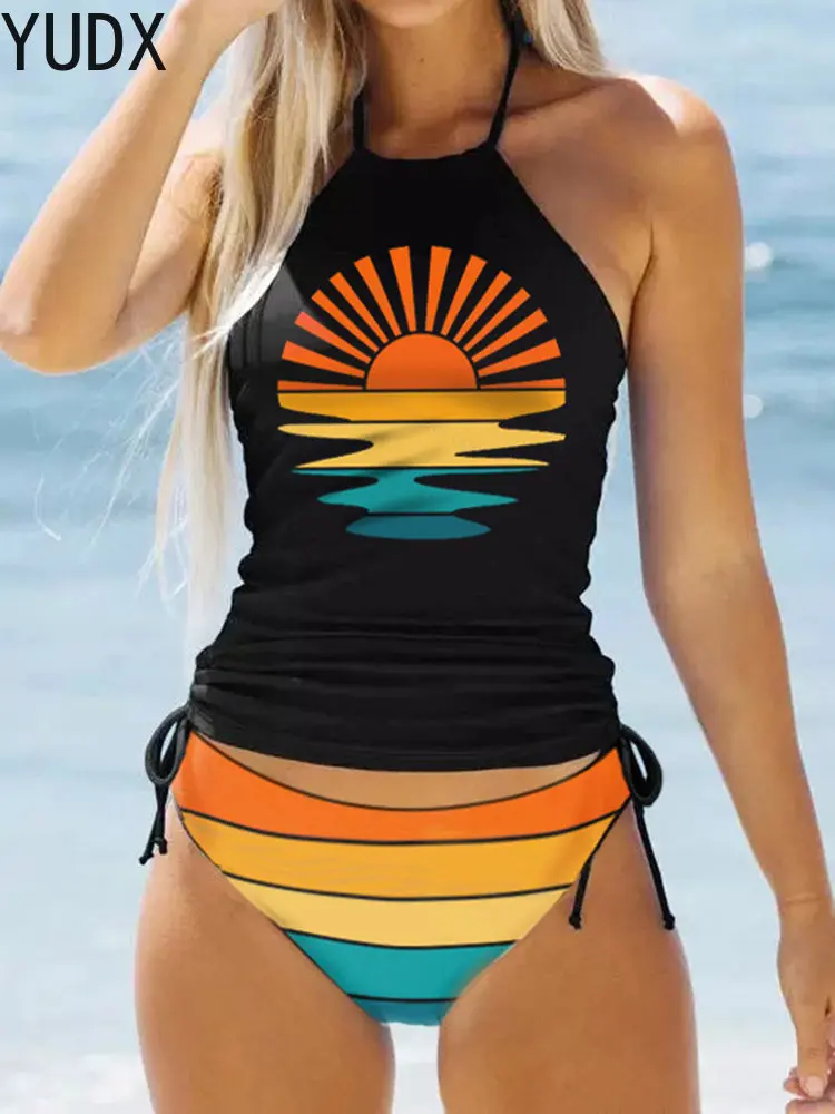 

Sunset Striped Drawstring Side Tankini Set Women Bathing Suit Halter Swimsuits 2023 Summer New Beach Vacation 2 Piece Swimwear