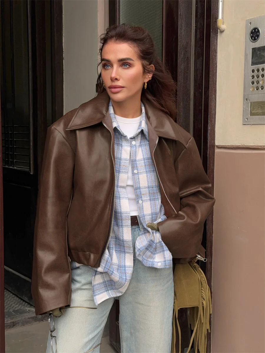 Carmen Women’s Leather-Look Short Jacket with Lapel and Zip Closure - Front View