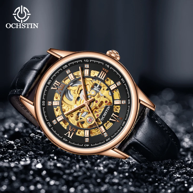 OCHSTIN Male Wristwatches Automatic Mechanical Luxury Rose Gold Antique Skeleton Diamond Dial Stainless Steel Mens Dress Watches