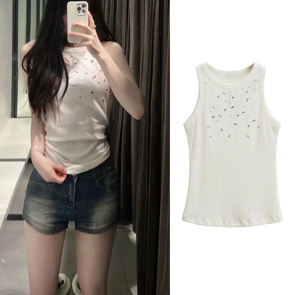 

PB&ZA Women's 2024 Summer Korean Style Round Neck Sleeveless T-Shirt Jewelry Diamond Ribbed Slim Straight Vest Top 0264024