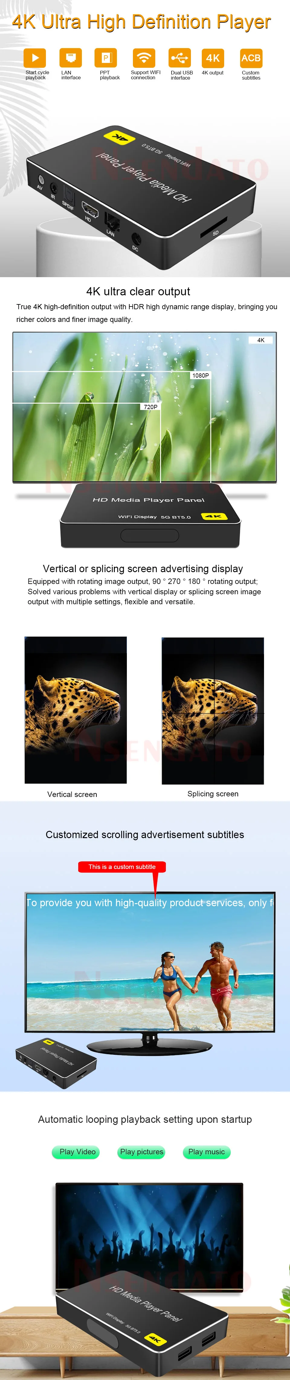 4K H.265 Full HD Media Player Panel With BT5.0/AV/HDMI-Compatible/SPDIF/Lan/USB