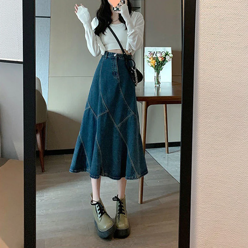 

2023 Vintage Summer Skirts Fishtail Slim Women High Waist Retro Blue Cotton Skirt Female Beach Long Skirts Jupe Faldas