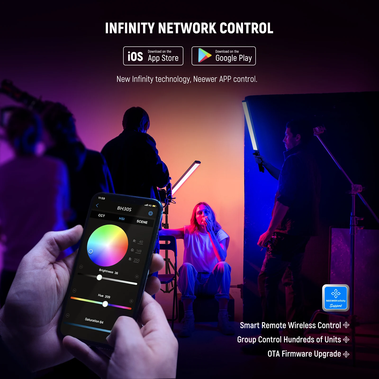 NEEWER 2.4G/APP 제어 RGB 라이트 완드, 업그레이드된 360 ° 터치 가능 RGBWW 색조 믹서 사진 휴대용 LED 비디오 조명