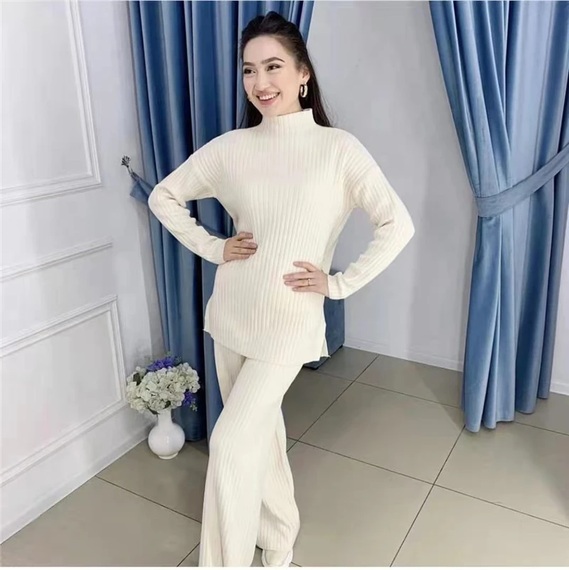 Women Spring Autumn Knitted 2 Piece Set Casual Tracksuit Long Sleeve Sweater And Wide Leg Jogging Pants Pullover Suits pant suits for older ladies