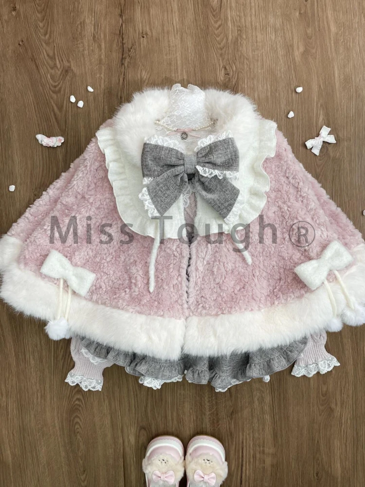 Winter Kawaii Lolita 3 Piece Sets Women Bow Cloak + Lace Long Sleeve Slim Tops + High Waist Strap Skirt New Sweet Princess Suits 2