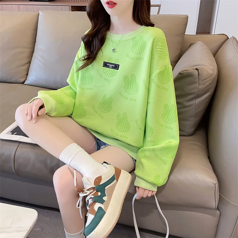 2024 Temperament Printed Spring and Autumn New Women's Round Neck Waffle Fashion Versatile Loose Long Sleeve Hoodies T-shirt Top