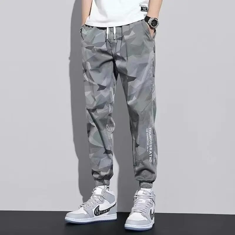 Camouflage Spring Elastic Waist Men Thin Style Loose Bound Feet Casual Pocket Letter Printing Large Size All-match Trousers
