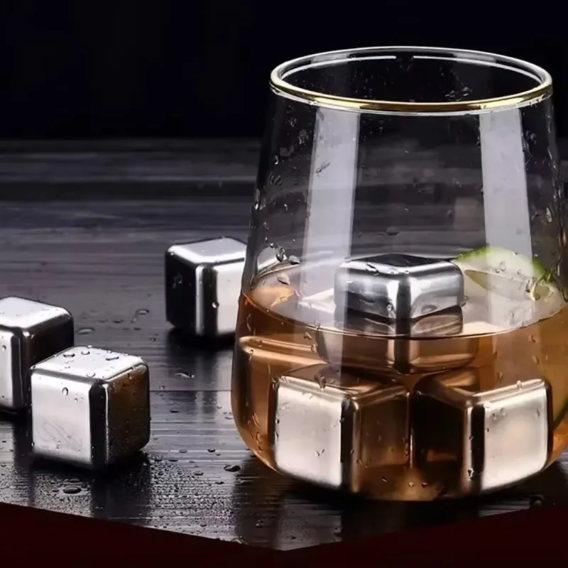 304 Stainless Silvery Steel Ice Cube Ice Wine Stone Ball Whiskey Metal Cube Set with Clip Bar Wine Set Bucket