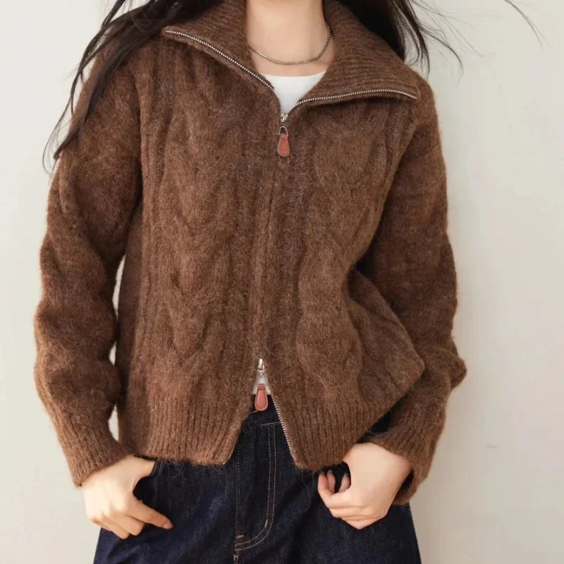 New Fashion Autumn and Winter Women's Turn Down Collar Zipper Long Sleeve Sweater Casual Straight Cardigan Knitwear Office Top