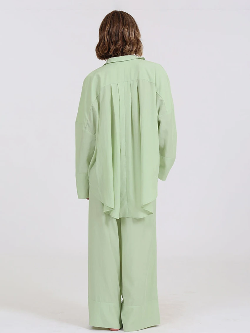 Marthaqiqi Loose Green Ladies Sleepwear Suit Long Sleeve Nightwear Sexy Turn-Down Collar Nightgowns Pants Home Clothes For Women