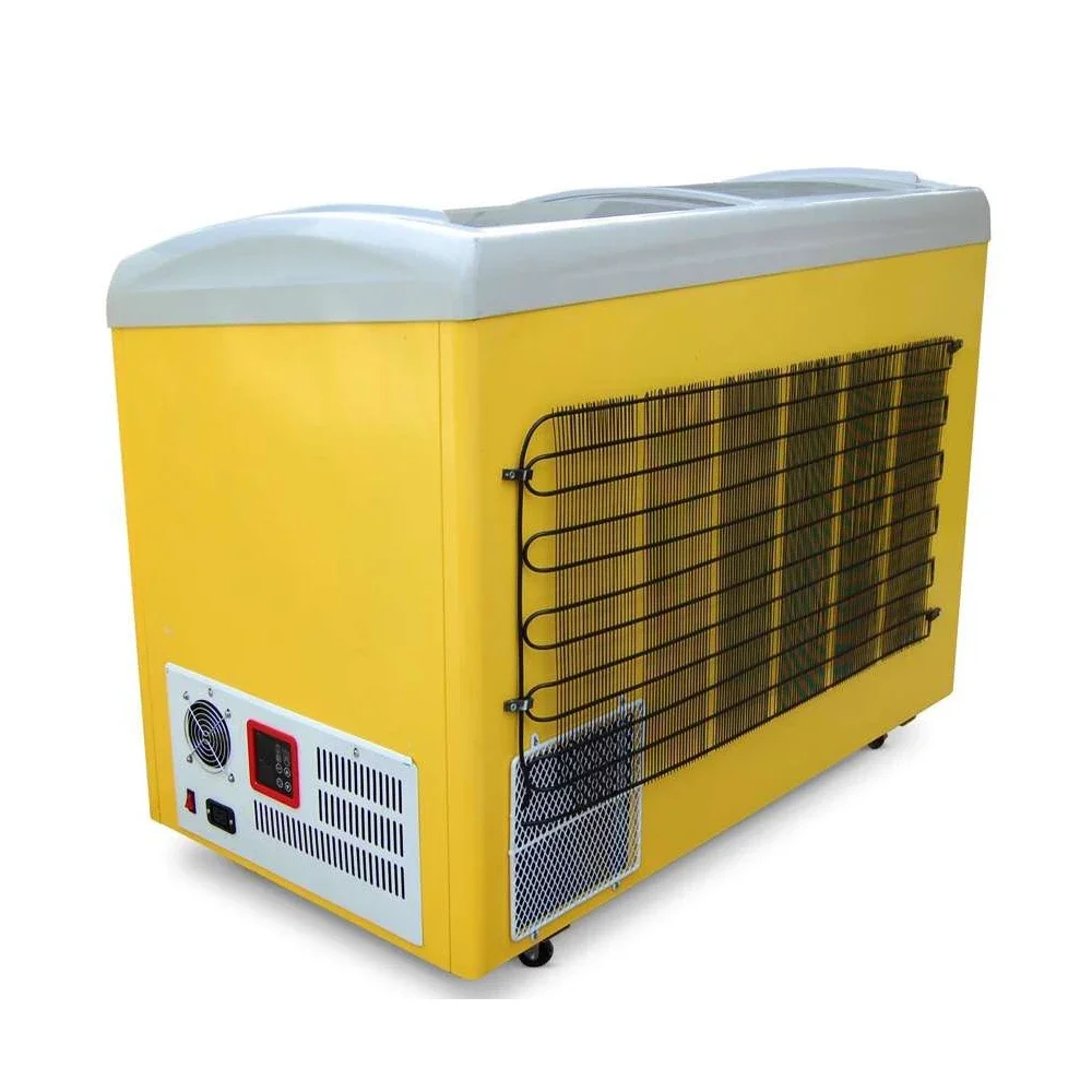 12V 220V AC&DC solar chest freezers sliding door cooling ice cream display showcase Curved glass door solar deep chest freezer