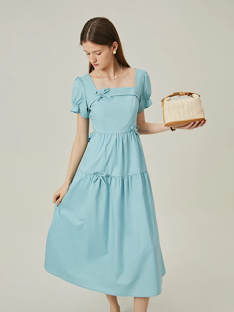 

Женское платье с бантом и квадратным вырезом, голубое или желтое длинное платье из чистого хлопка, модель 24FS12376 на лето, 2024