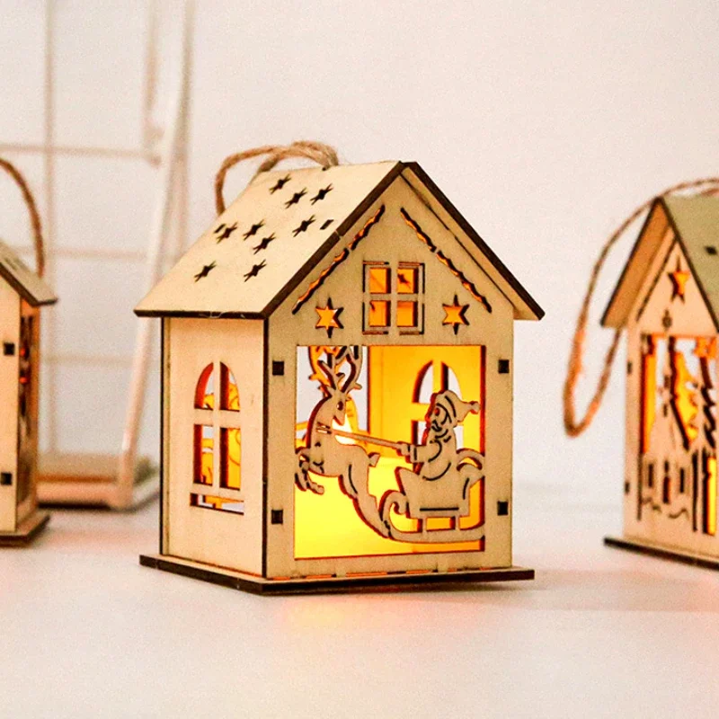 

Christmas Decorative LED Light Wooden Glow House Pendant Santa Claus Elk Christmas Tree Hanging Xmas Ornaments Kids Gift