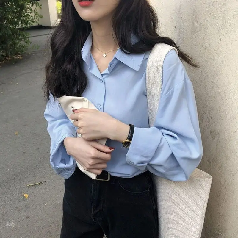 Fashion Solid Color Button All-match Korean Shirt Female Clothing 2022 Autumn New Oversized Casual Tops Loose Office Lady Blouse