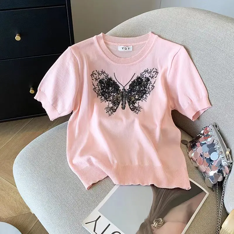 

Женский Шелковый свитер с коротким рукавом, футболка с вышивкой бабочки и блестками, лето 2024